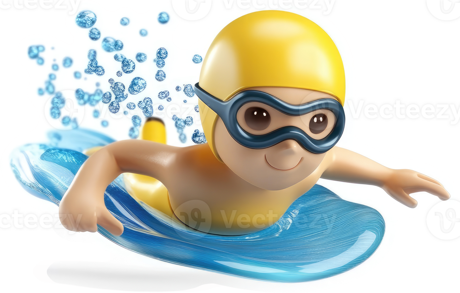 Smiling swimmer glides through water with bubbles. png