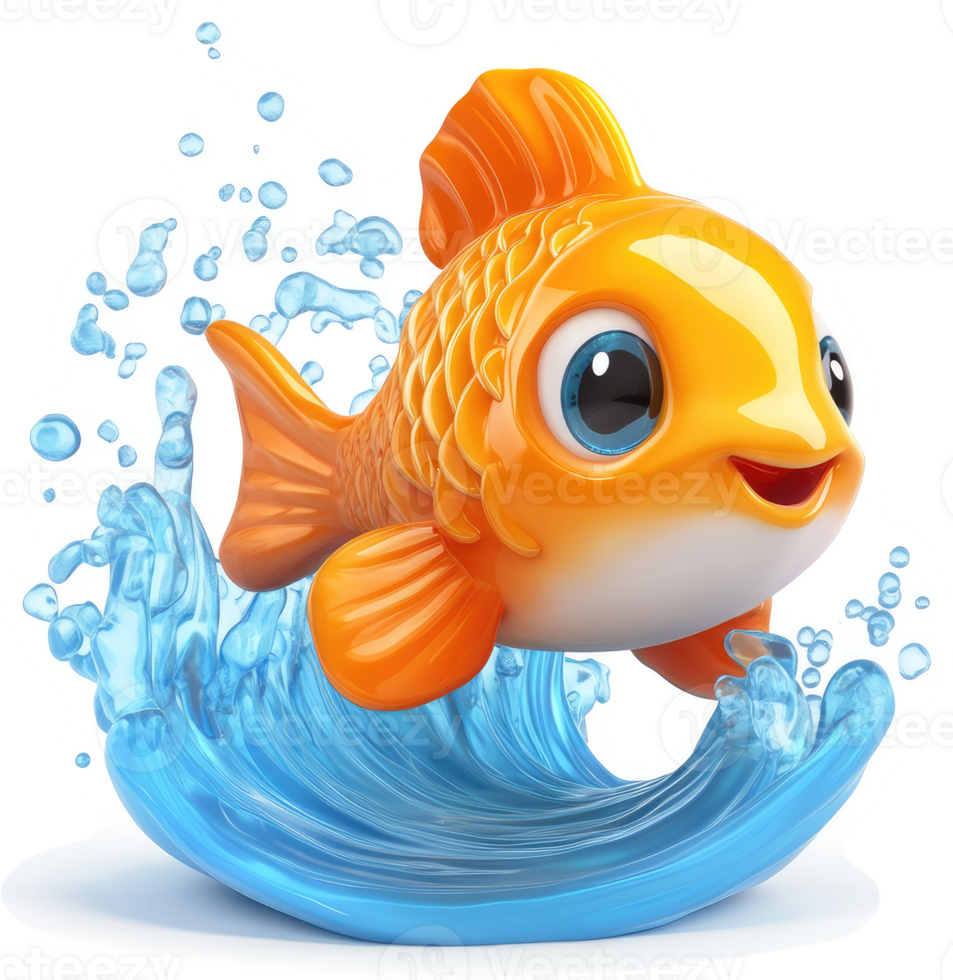 Smiling goldfish leaping playfully in a wave. png
