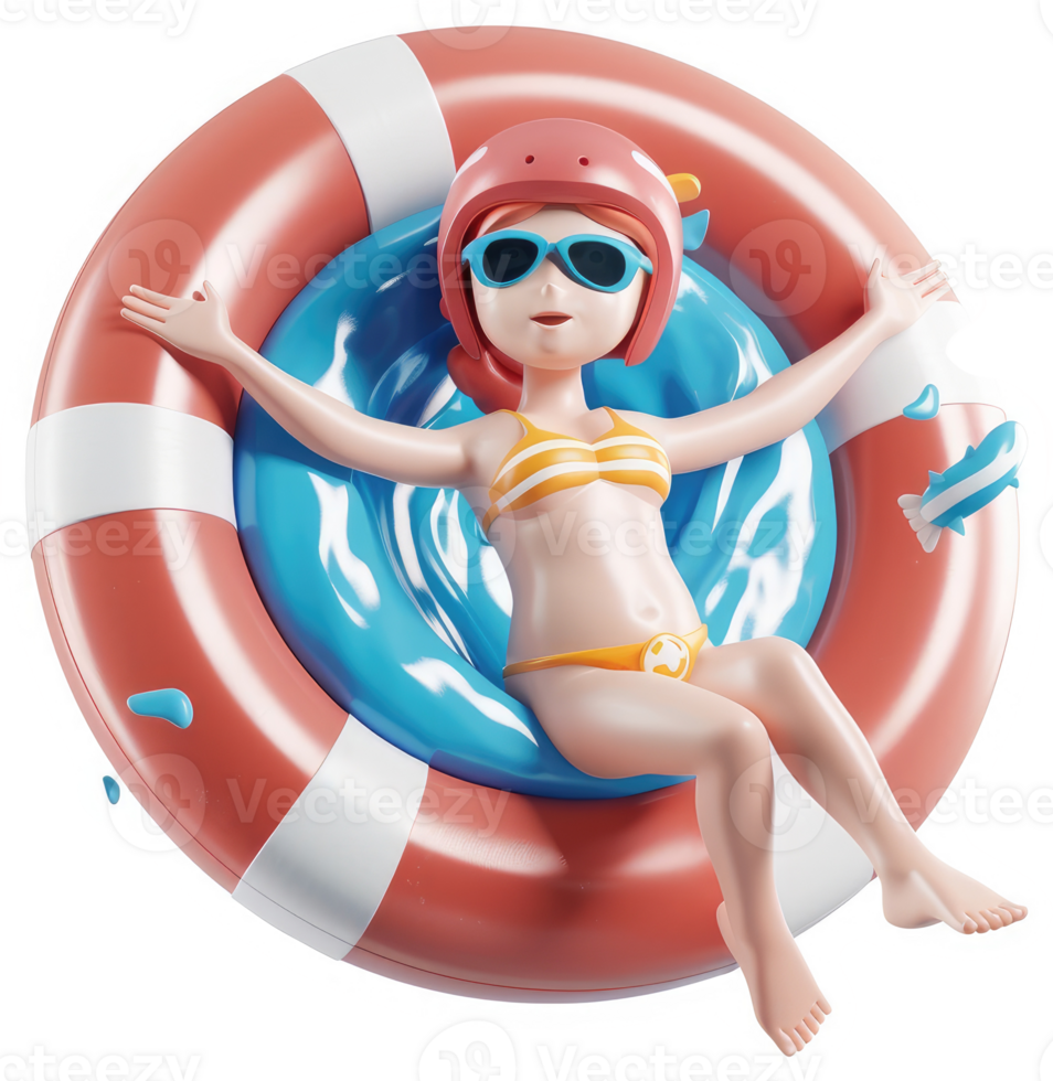 Smiling girl floats in a bright orange and white life preserver. png