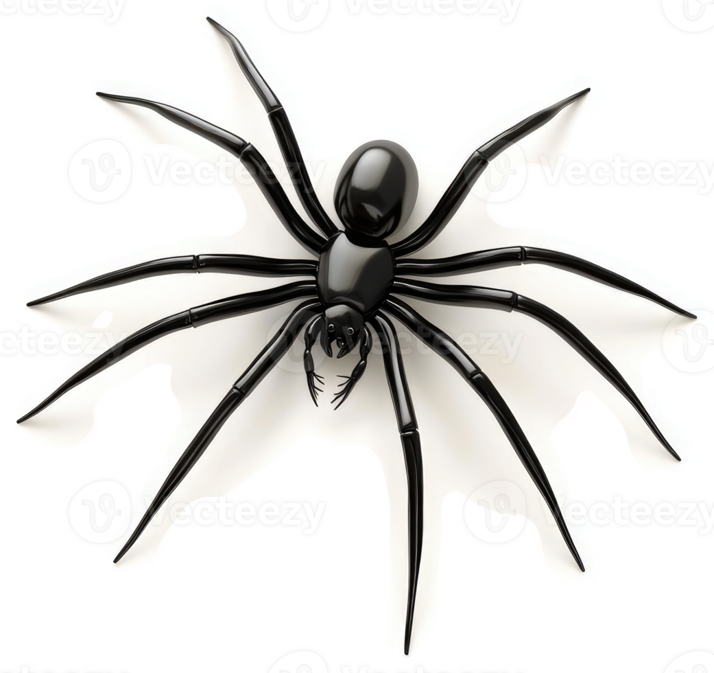 Black spider with long legs against a plain background. png