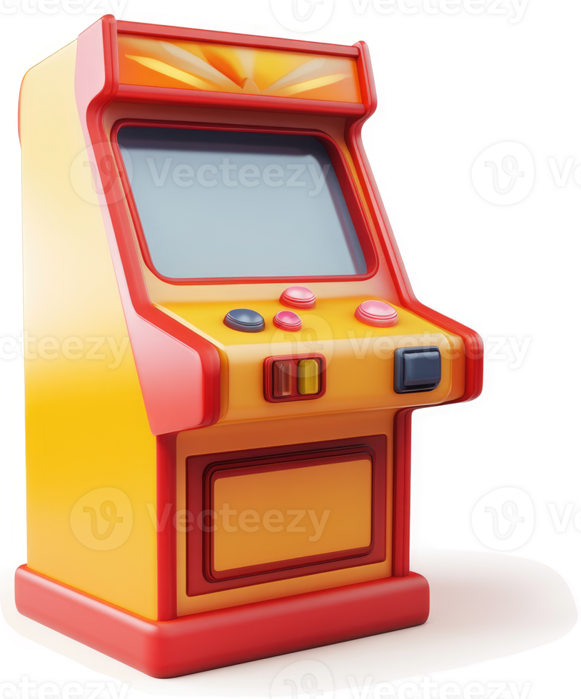 Retro arcade game machine with vibrant orange and red hues. png