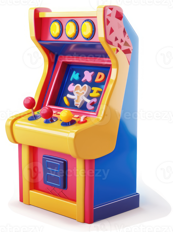 Retro arcade game cabinet, vibrant and colorful. png