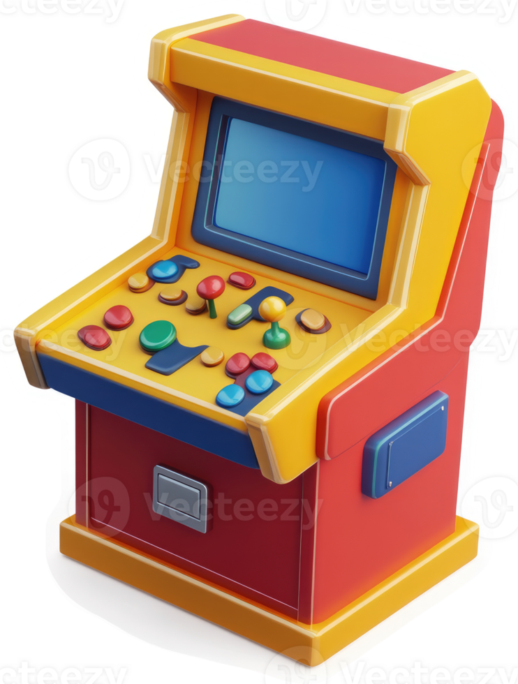 Colorful arcade game machine with various buttons and joystick. png