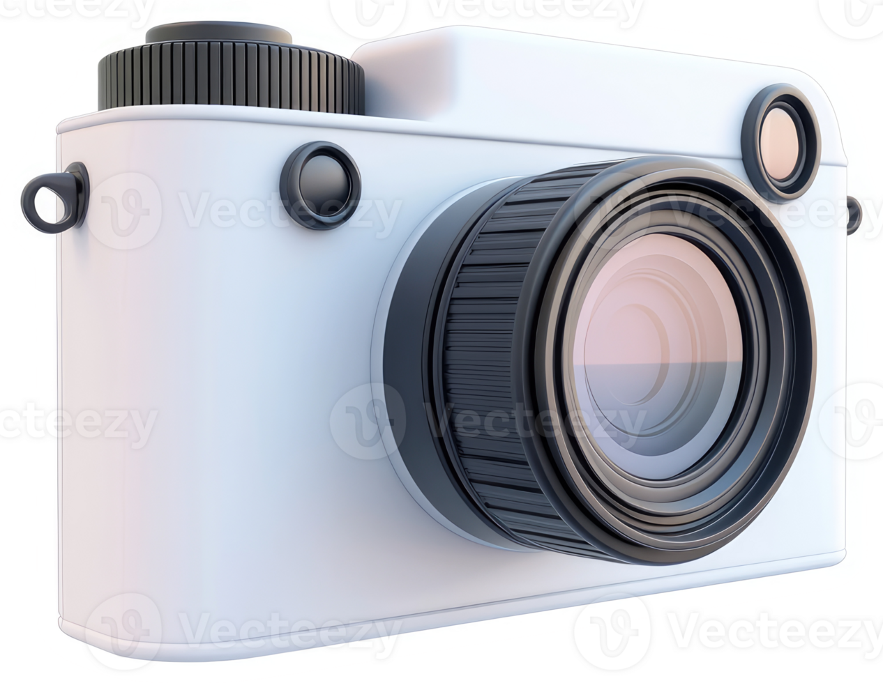 Modern, minimalist digital camera design, rendered in white. png