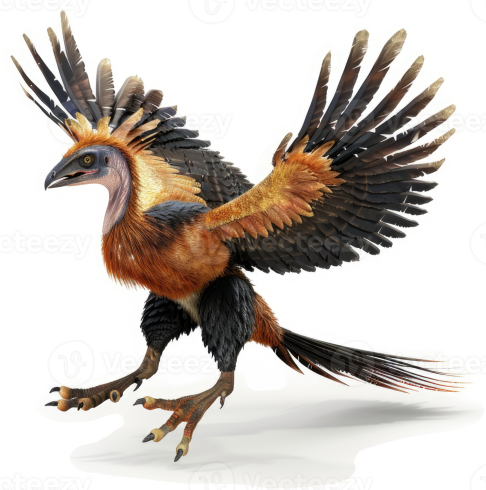 A feathered, prehistoric avian creature in flight. png