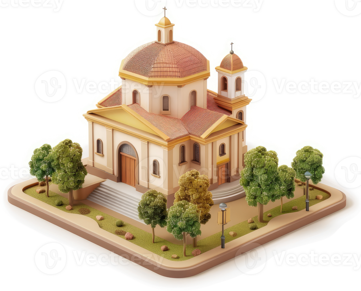 Charming isometric depiction of a European church. png