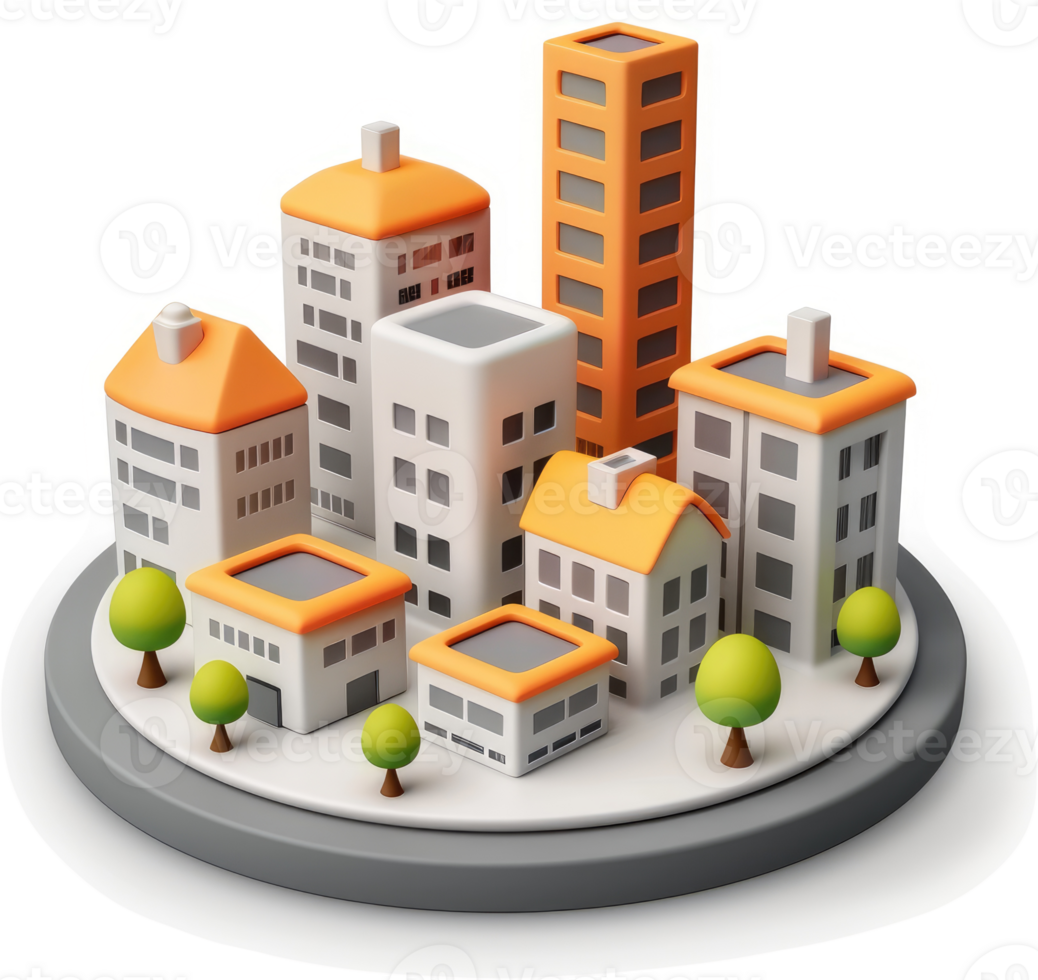 Urban cityscape miniature model, displaying various buildings. png