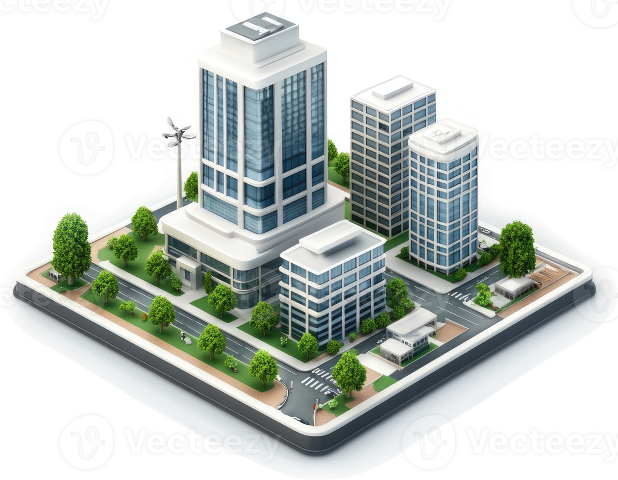 Urban cityscape depiction of modern commercial buildings. png