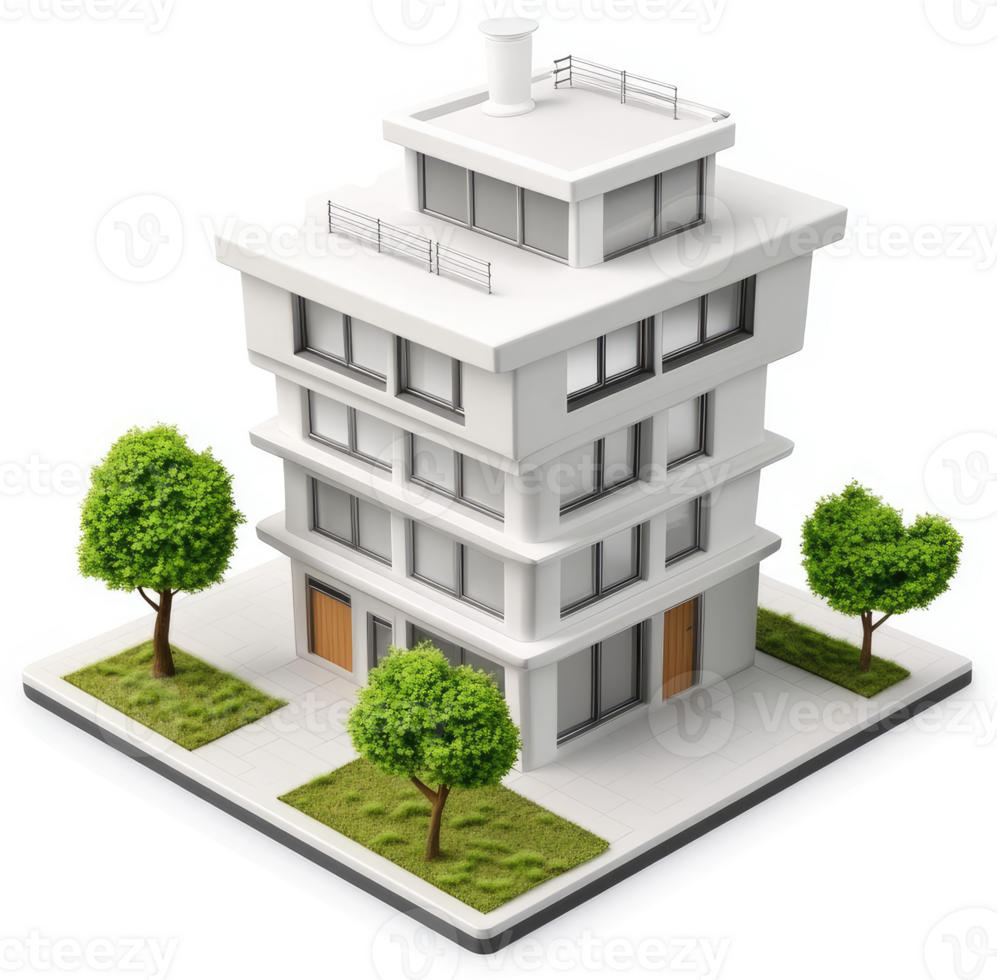 Modern apartment building with landscaping, rendered in isometric view. png