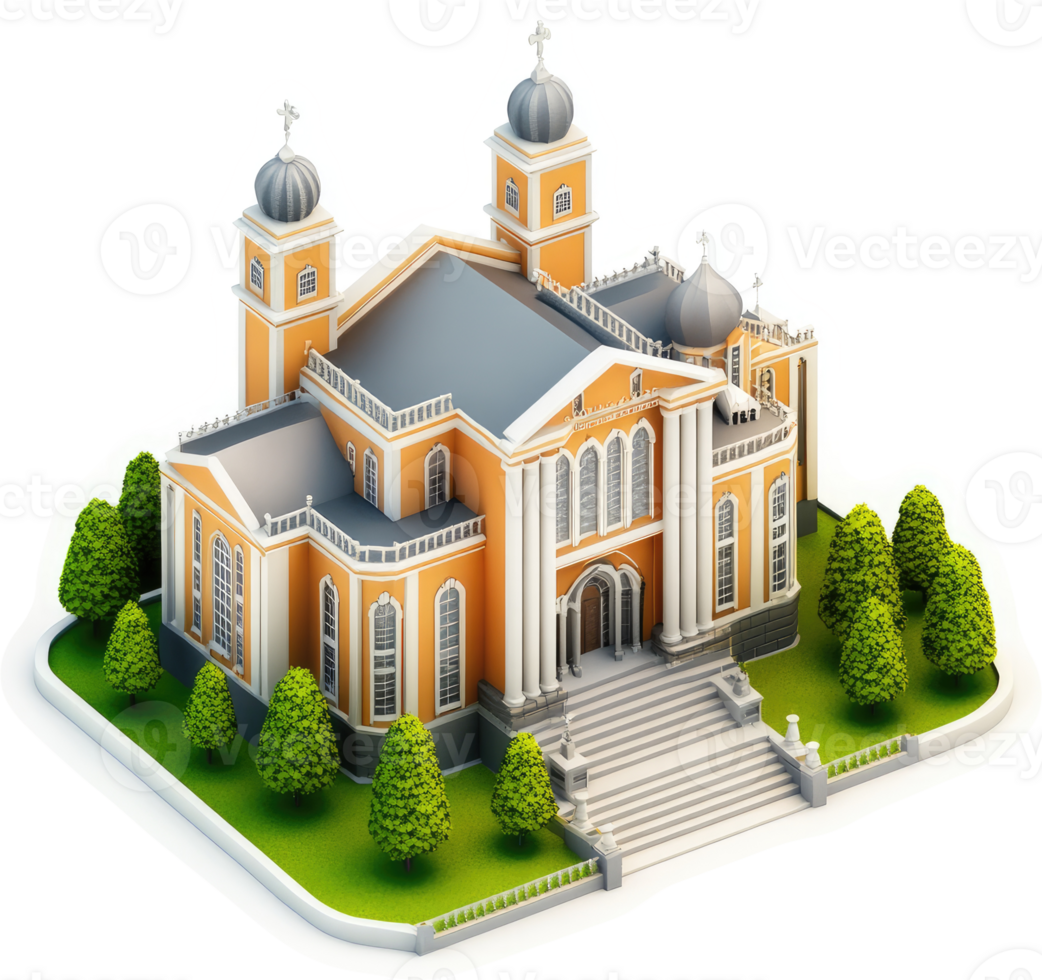 Ornate church building with landscaped grounds, depicted isometrically. png