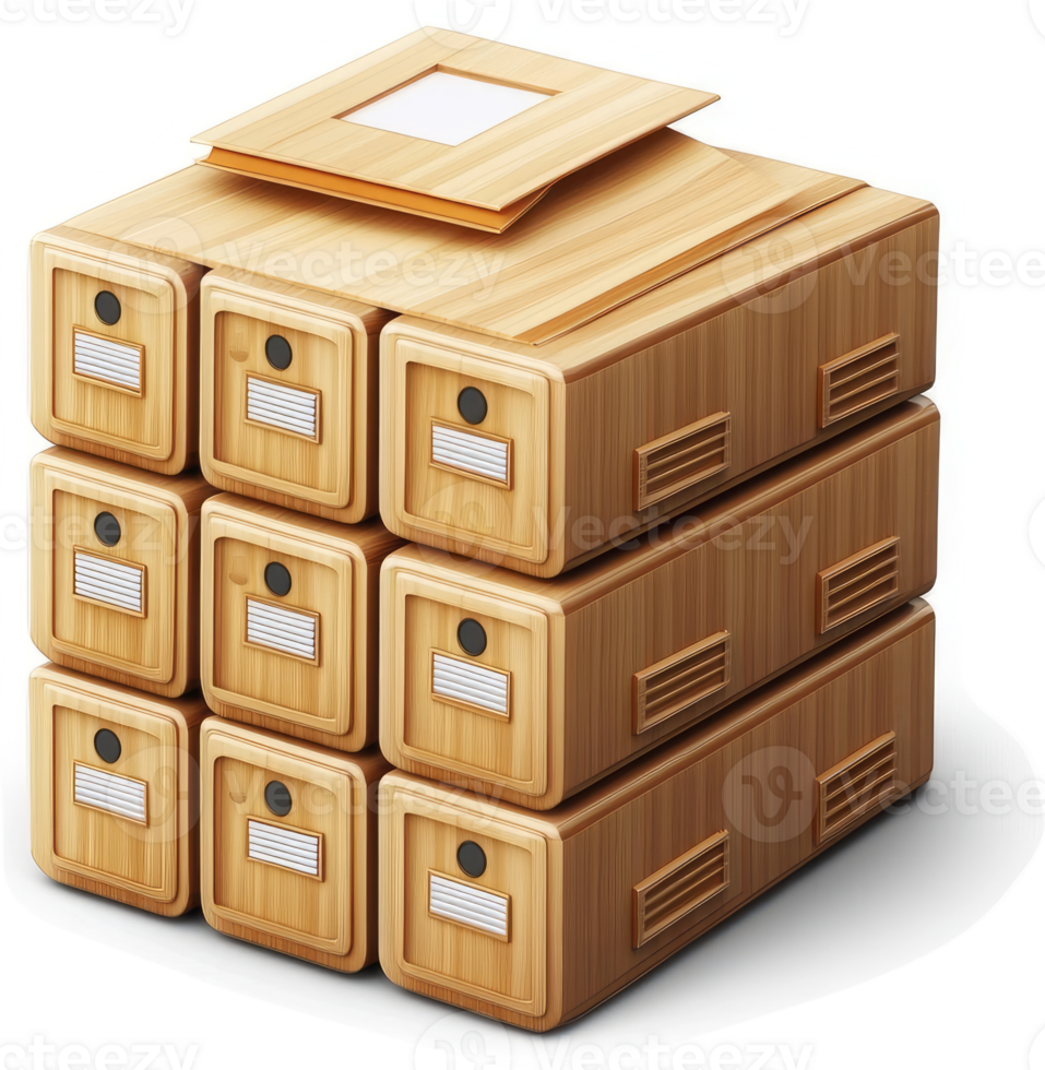 Stacked wooden file cabinets represent organized document storage. png