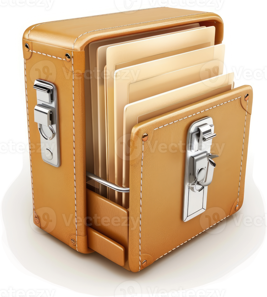 Vintage leather document case with organized files. png