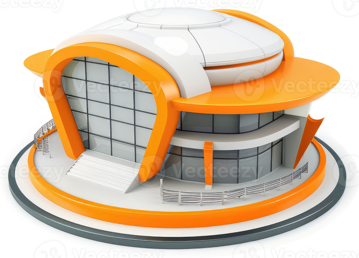 Modern, futuristic architectural design of a circular building. png
