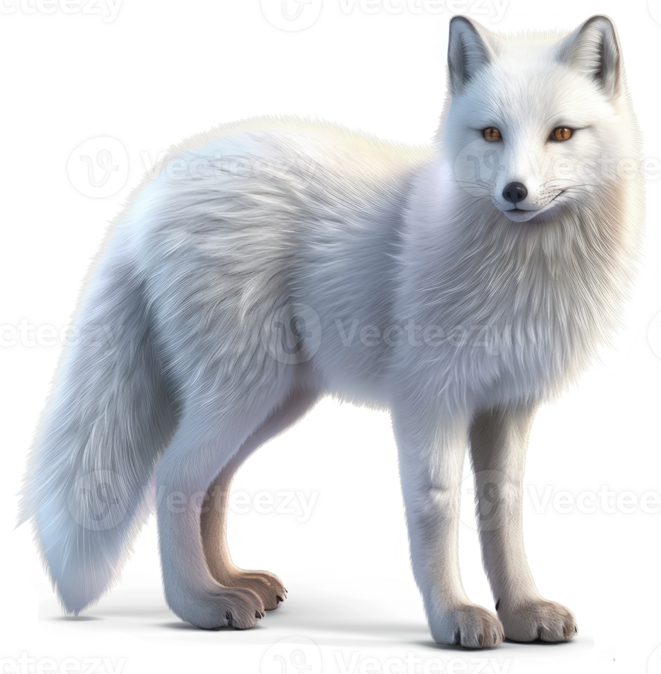 Arctic fox in its winter coat stands proudly. png