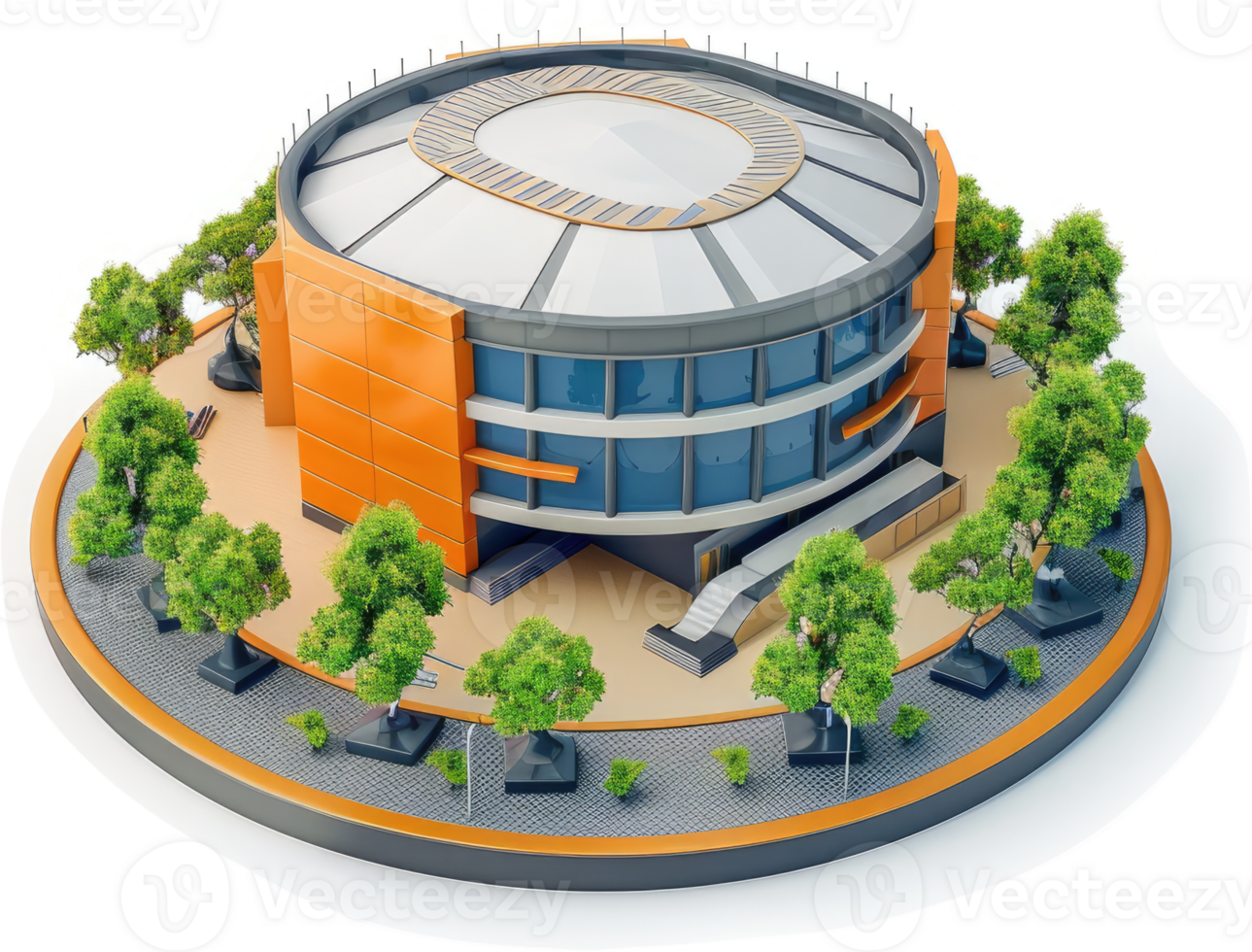 Modern arena complex with surrounding landscaping. png