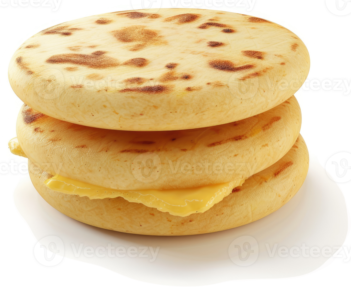 Two golden arepas, topped with melted butter, sandwich style. png