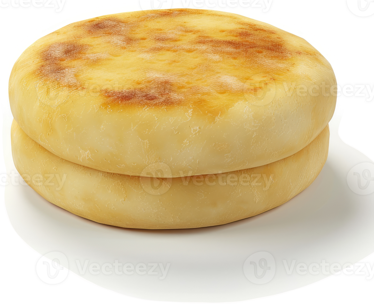 Two golden-brown, round, baked cheese breads stacked high. png