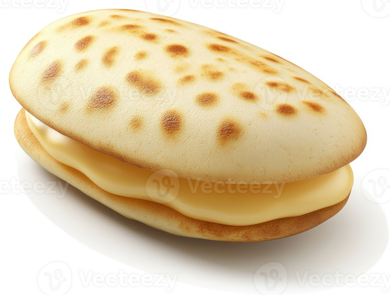 Oval-shaped, golden-brown sandwich cookie filled with creamy yellow cheese. png