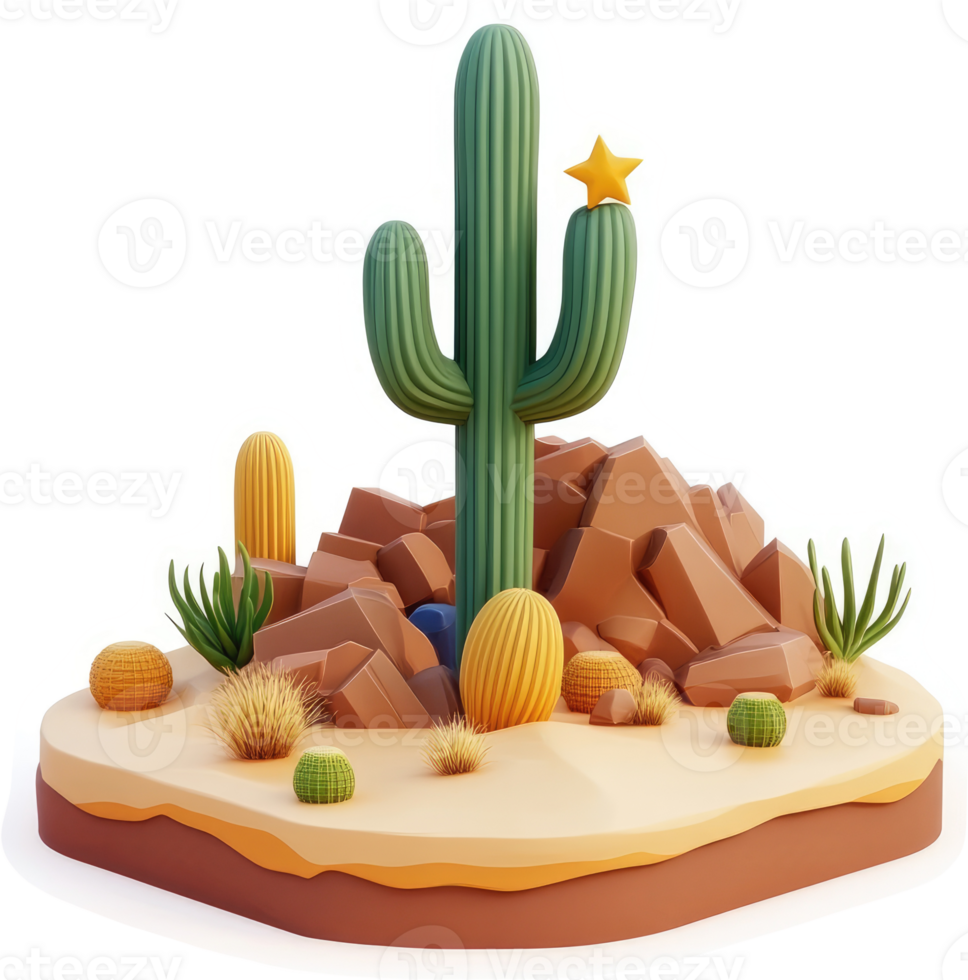 Digital desert landscape with cacti and rocks. png