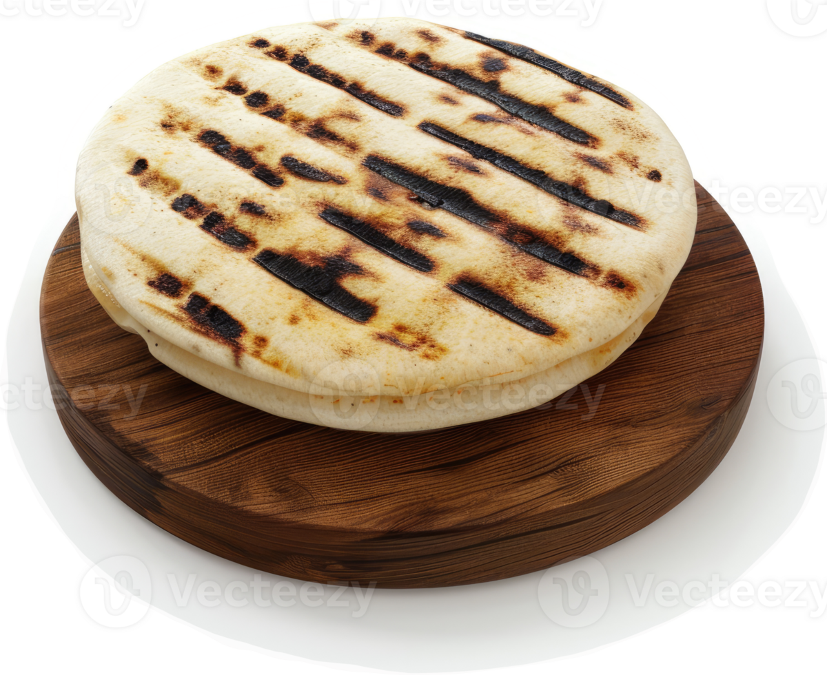 Grilled flatbread resting on a wooden board. png