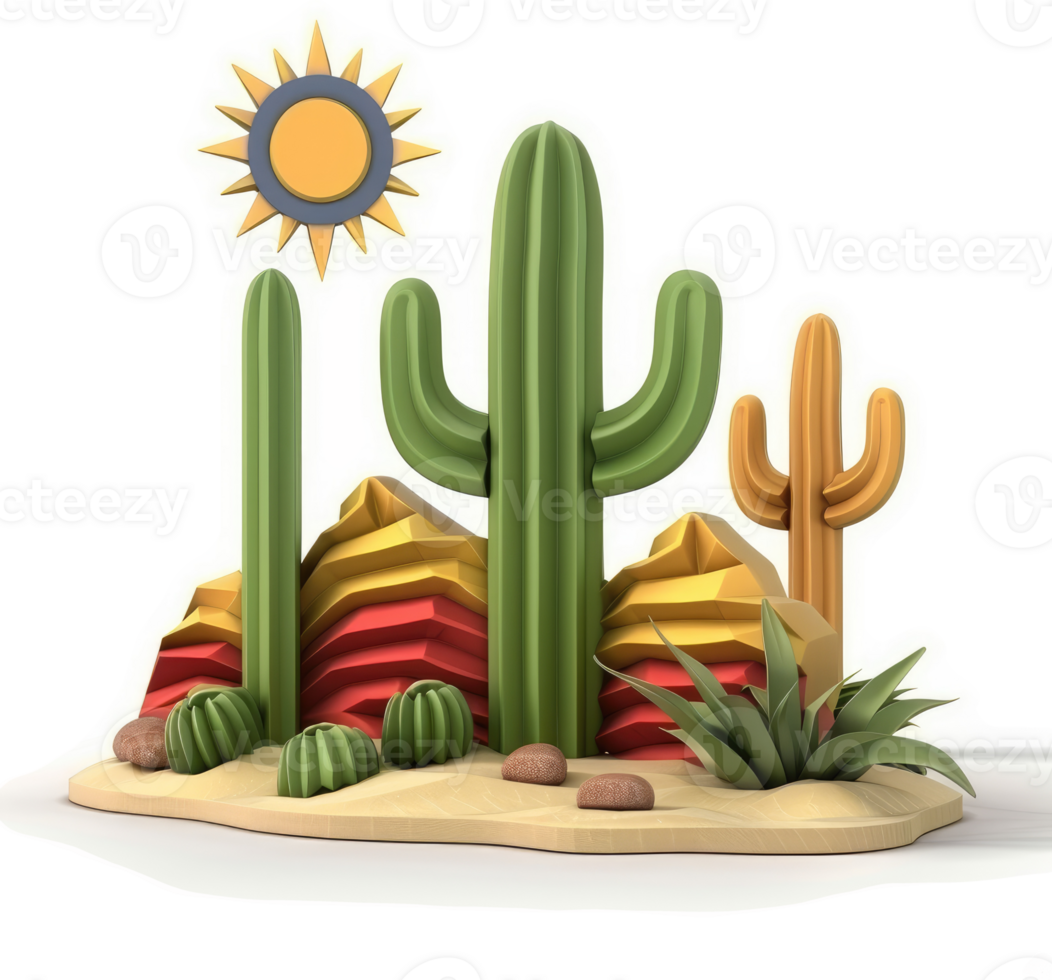 Colorful desert landscape with cacti and sun. png