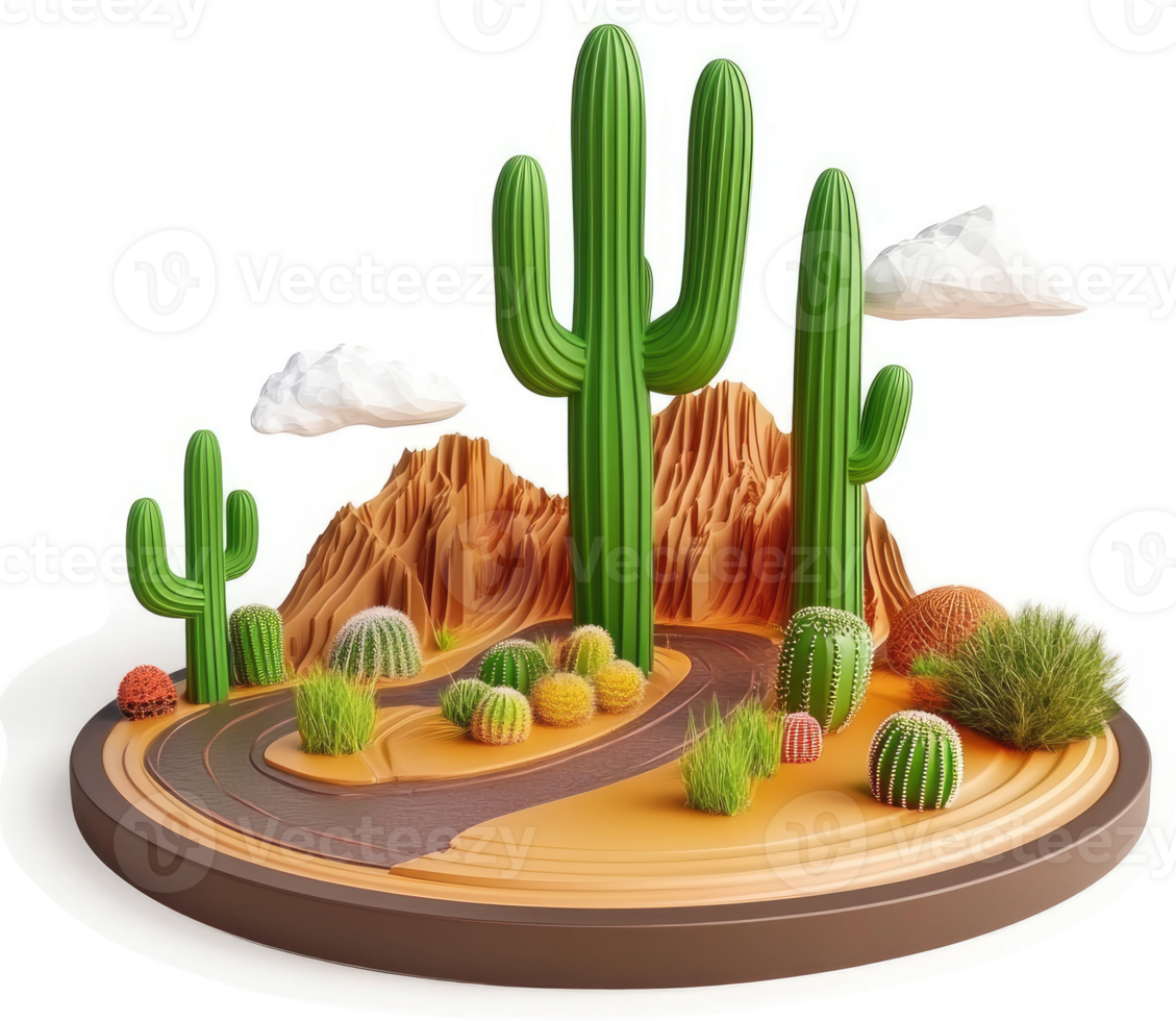Desert landscape scene with various cacti and succulents. png