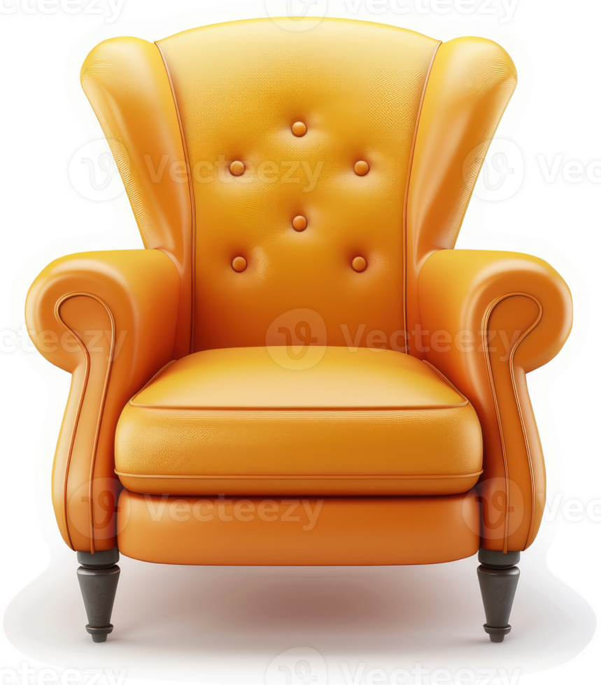Ornate, mustard-yellow wingback armchair, digitally rendered. png