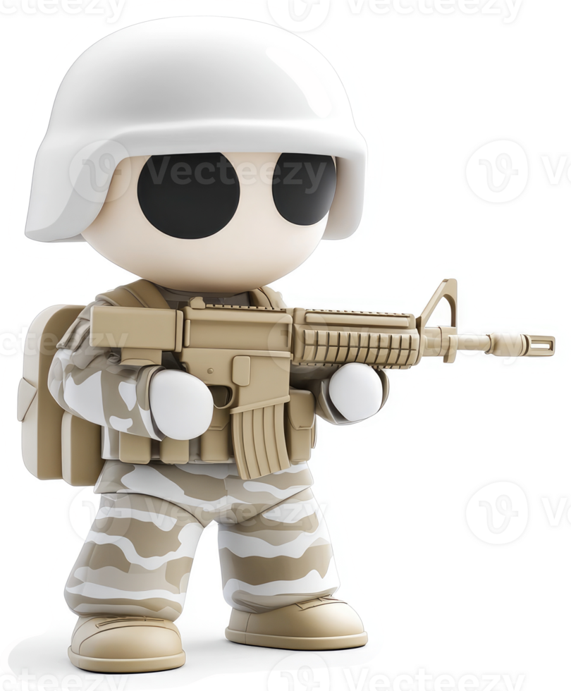 Cartoon soldier figure in desert camouflage holding an assault rifle. png