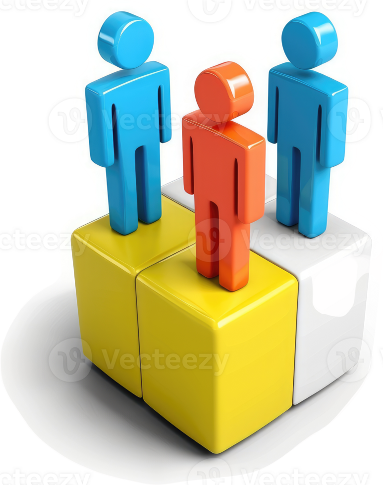 Three figures stand atop interlocking blocks of different colors. png