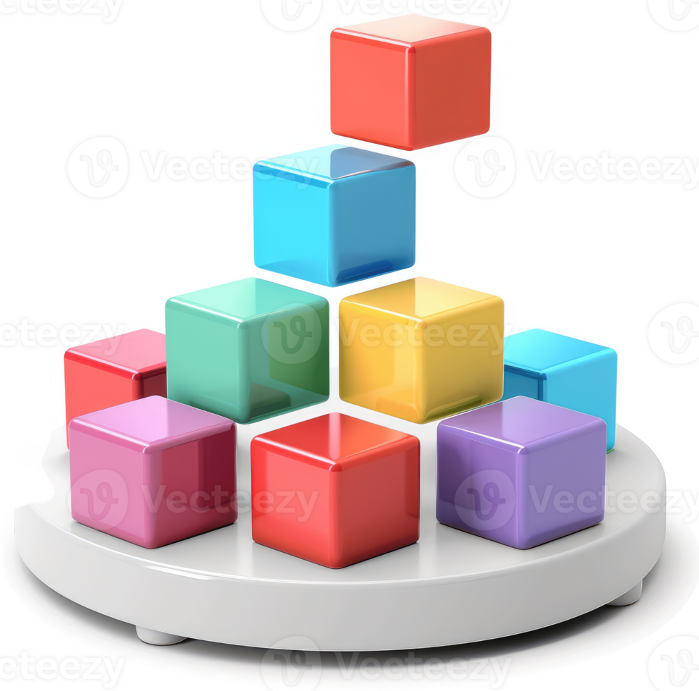Colorful cubes stacked in a pyramid shape on a circular base. png