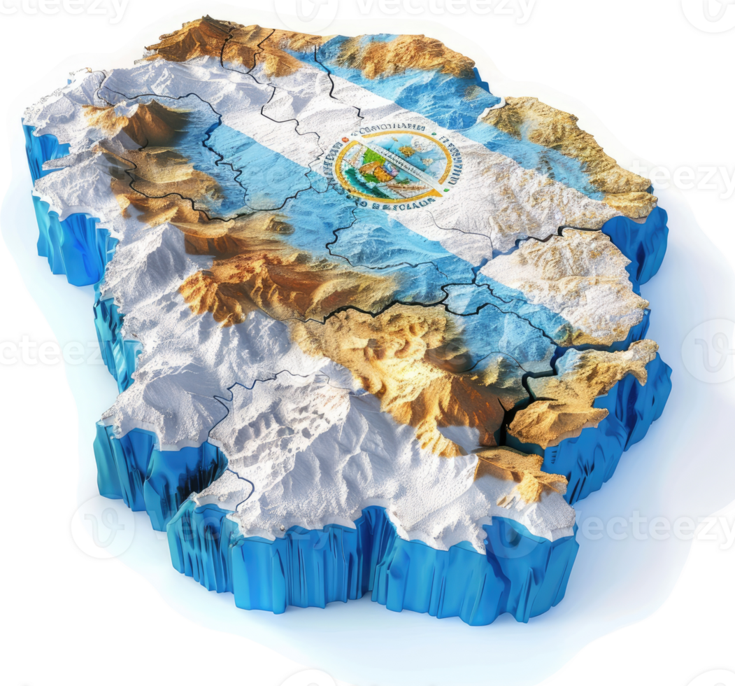Elevated topographic map of El Salvador, showcasing its terrain and national emblem. png