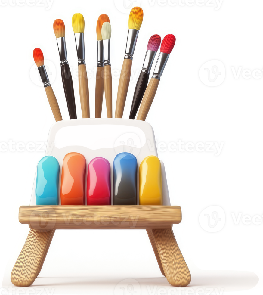 Colorful art supplies arranged on a miniature easel. png