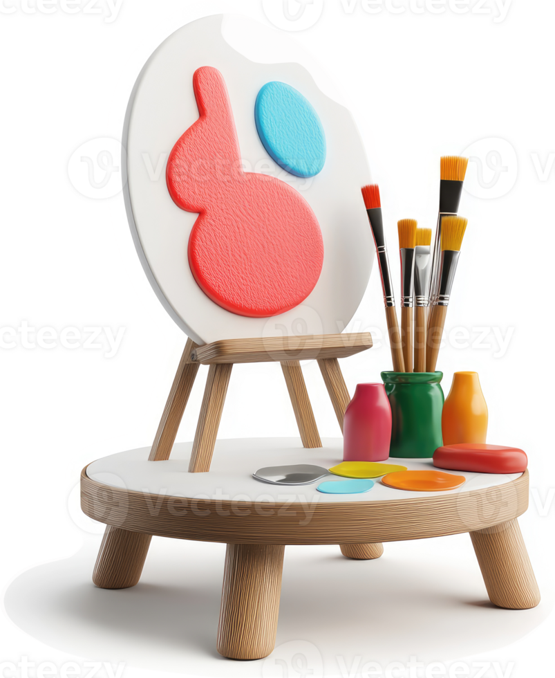 Colorful art supplies arranged on a wooden easel, showcasing creativity. png