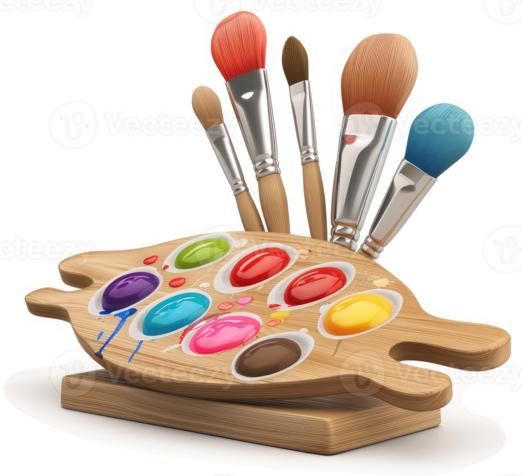 Colorful art supplies, including brushes and a palette, for creative expression. png