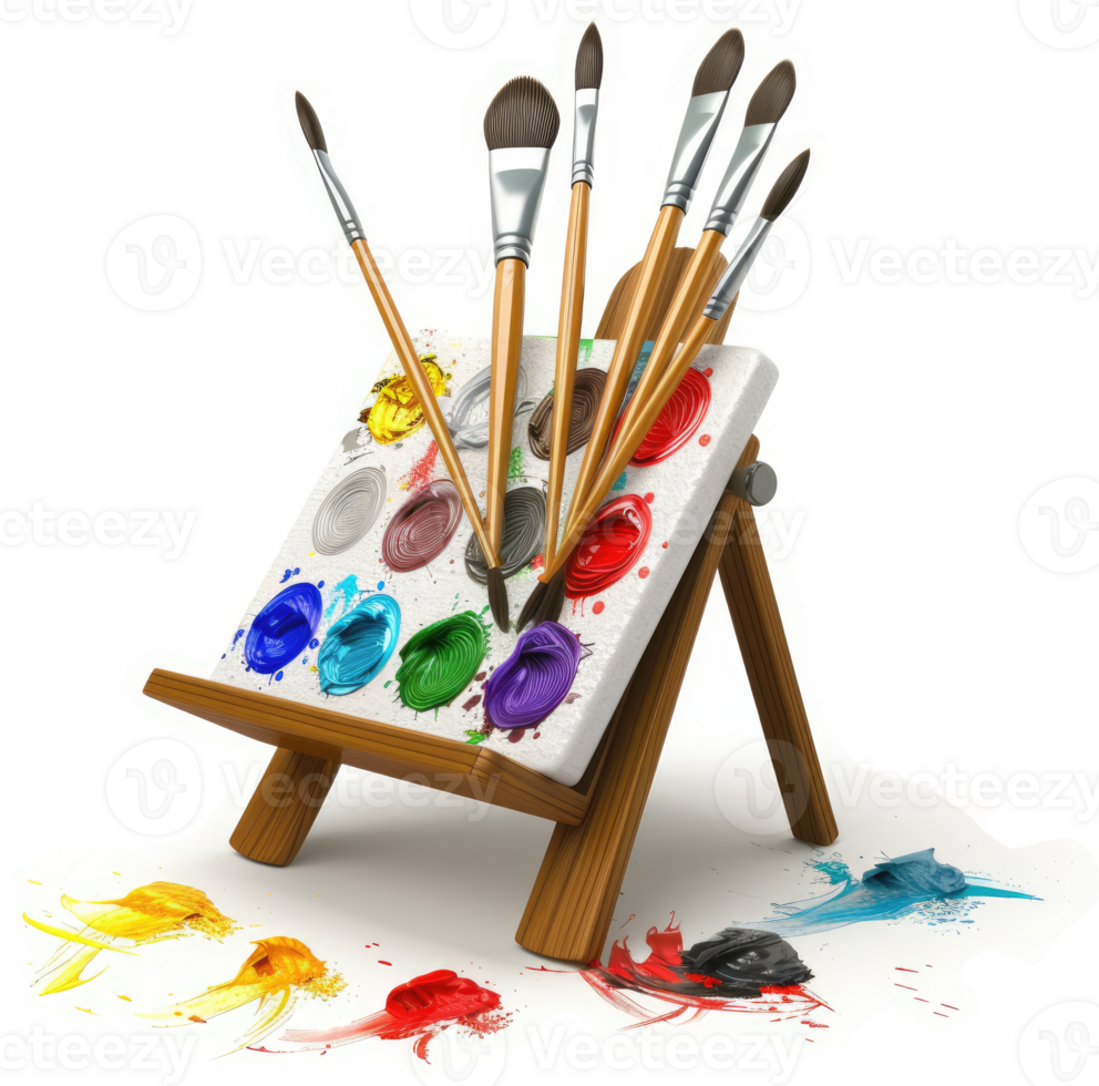 Colorful paint palette and brushes on a small easel. png