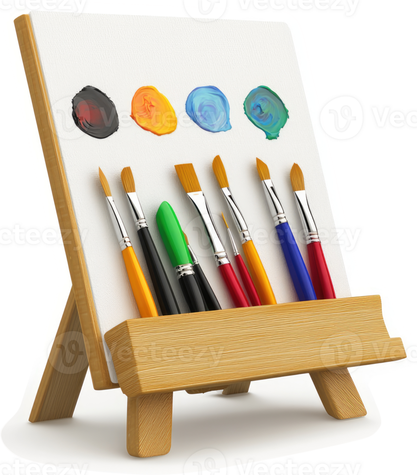 Colorful paint palette and brushes on a miniature easel. png