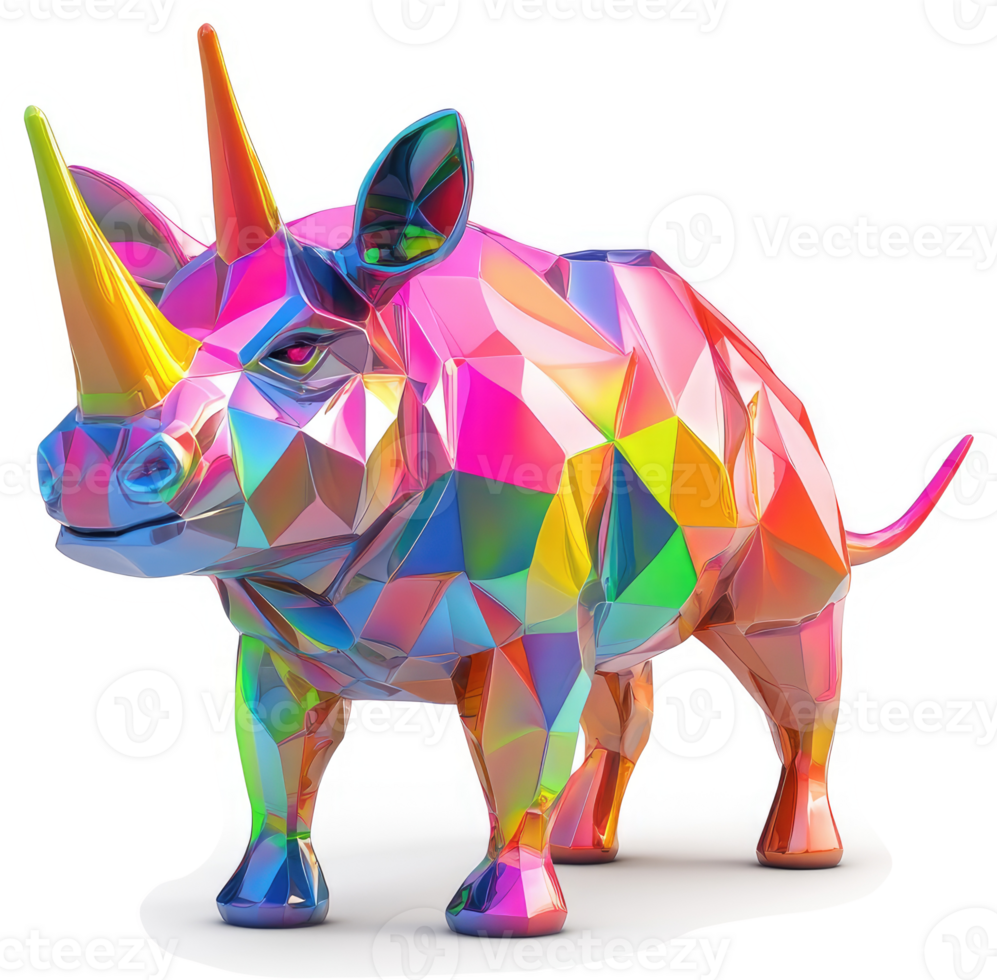 Polygonal rhinoceros, a vibrant, multicolored sculpture. png