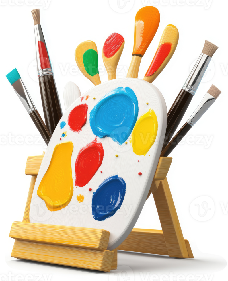 Colorful paint palette and brushes displayed on a small easel. png