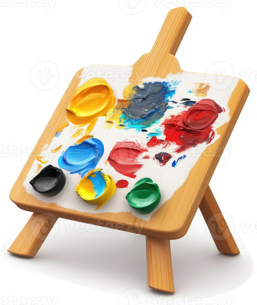 a colorful paint palette on a small wooden easel. png
