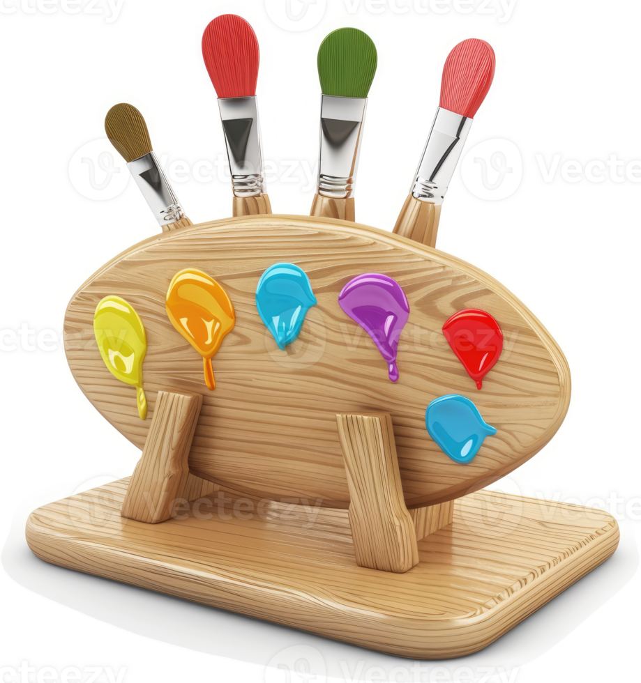 Colorful paintbrushes and palette on a wooden stand. png