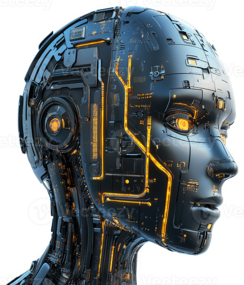 Advanced robotic head, showcasing intricate circuitry. png