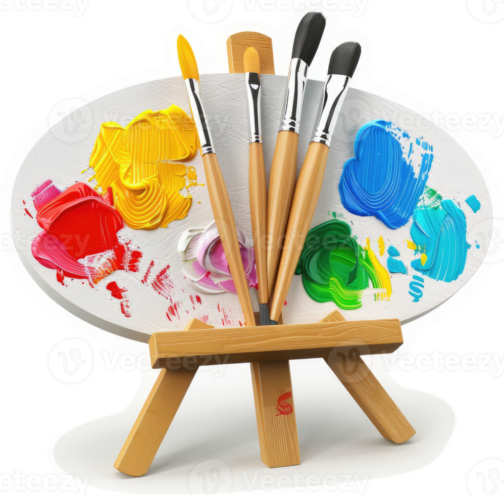 Colorful paintbrushes and palette on a small wooden easel png