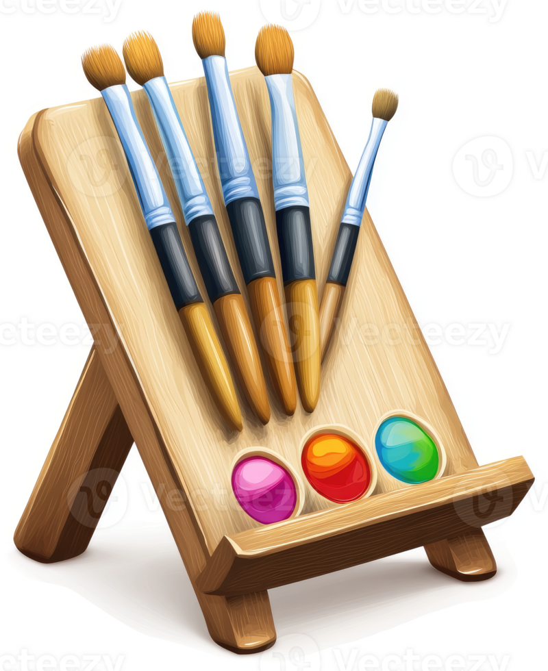 Wooden easel with paintbrushes and color palettes. png