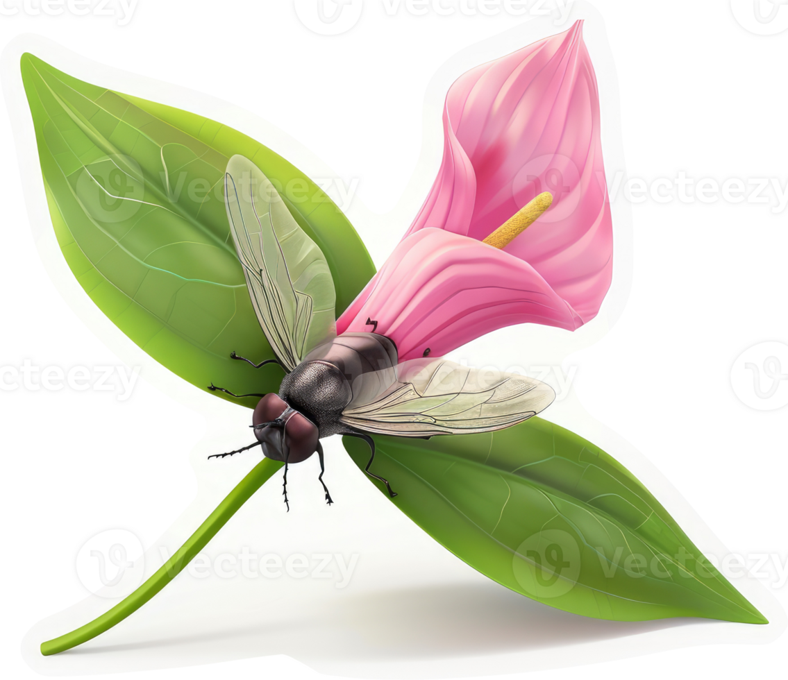 A vibrant pink flower, a fly, and lush green leaves. png