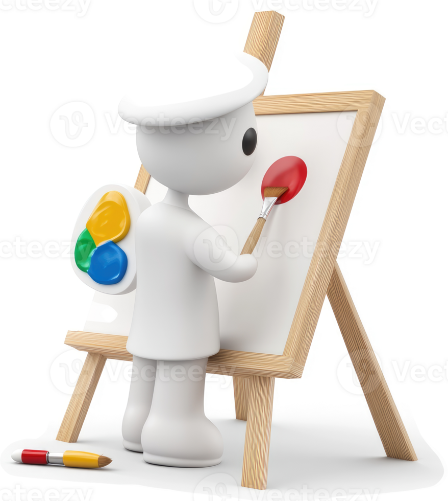 Smiling figure paints a vibrant red circle on an easel. png