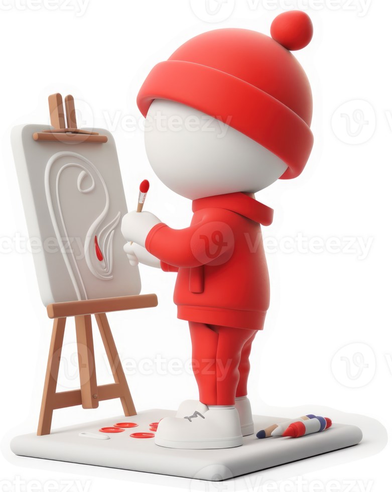 3D rendering of a figure painting on an easel. png