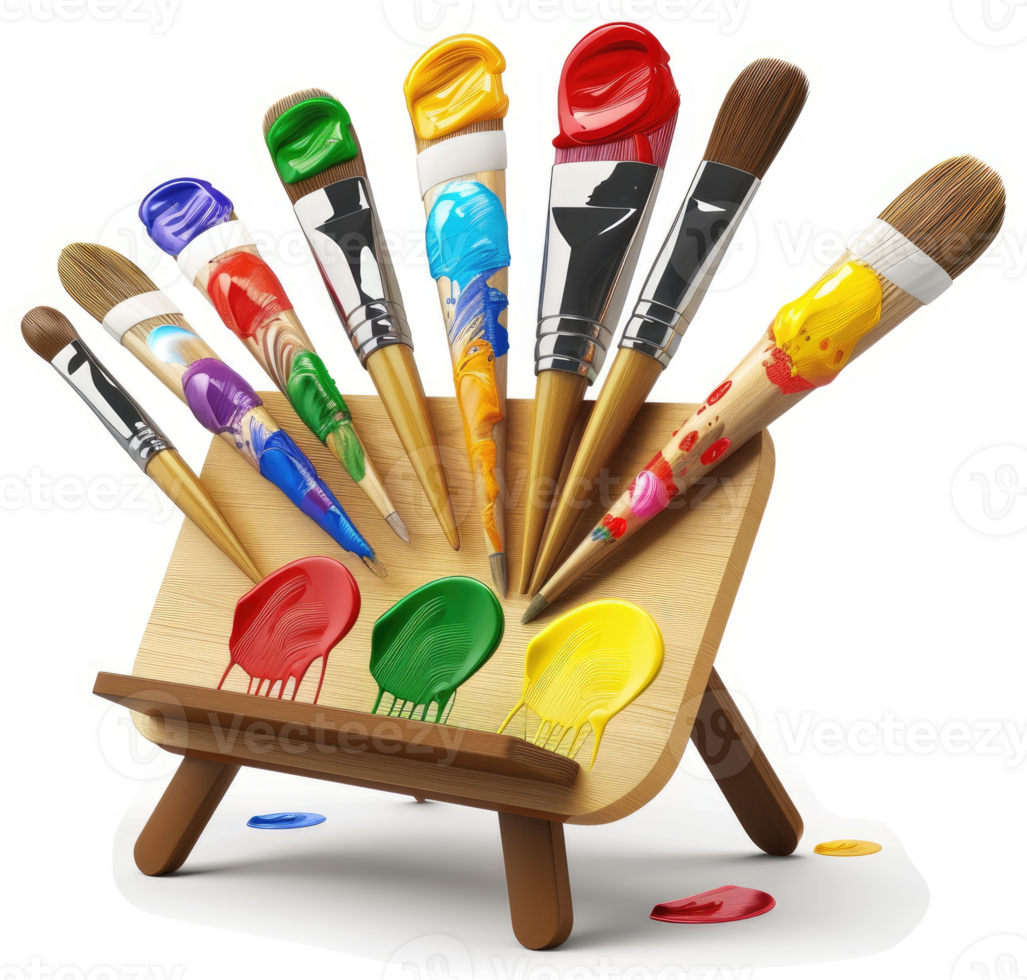 Colorful paintbrushes and paints arranged on a small wooden easel. png