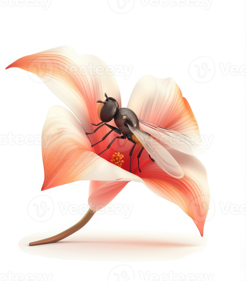 A detailed illustration of a fly on a coral-colored flower. png