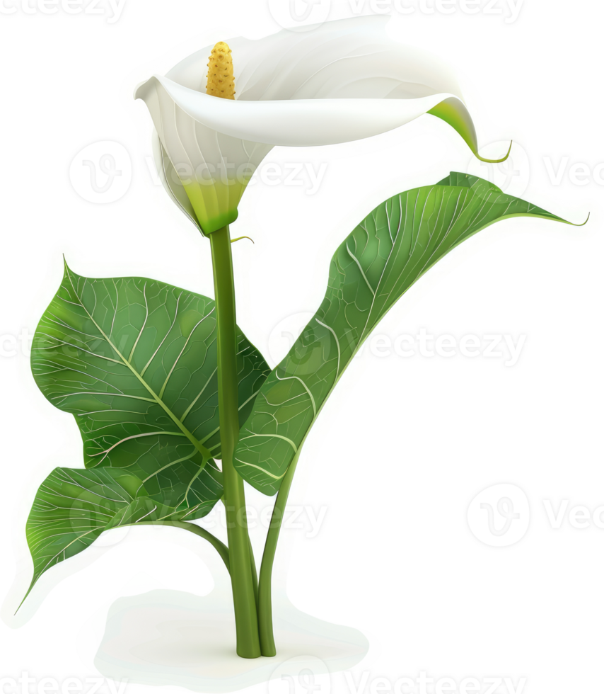 Elegant white calla lily with vibrant green foliage. png