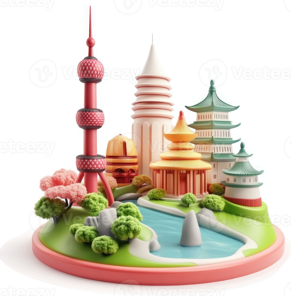 A stylized miniature cityscape of oriental architecture. png